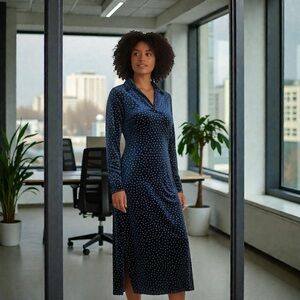 Loft Womens Navy Blue Dotted Satin Midi Shirtdress